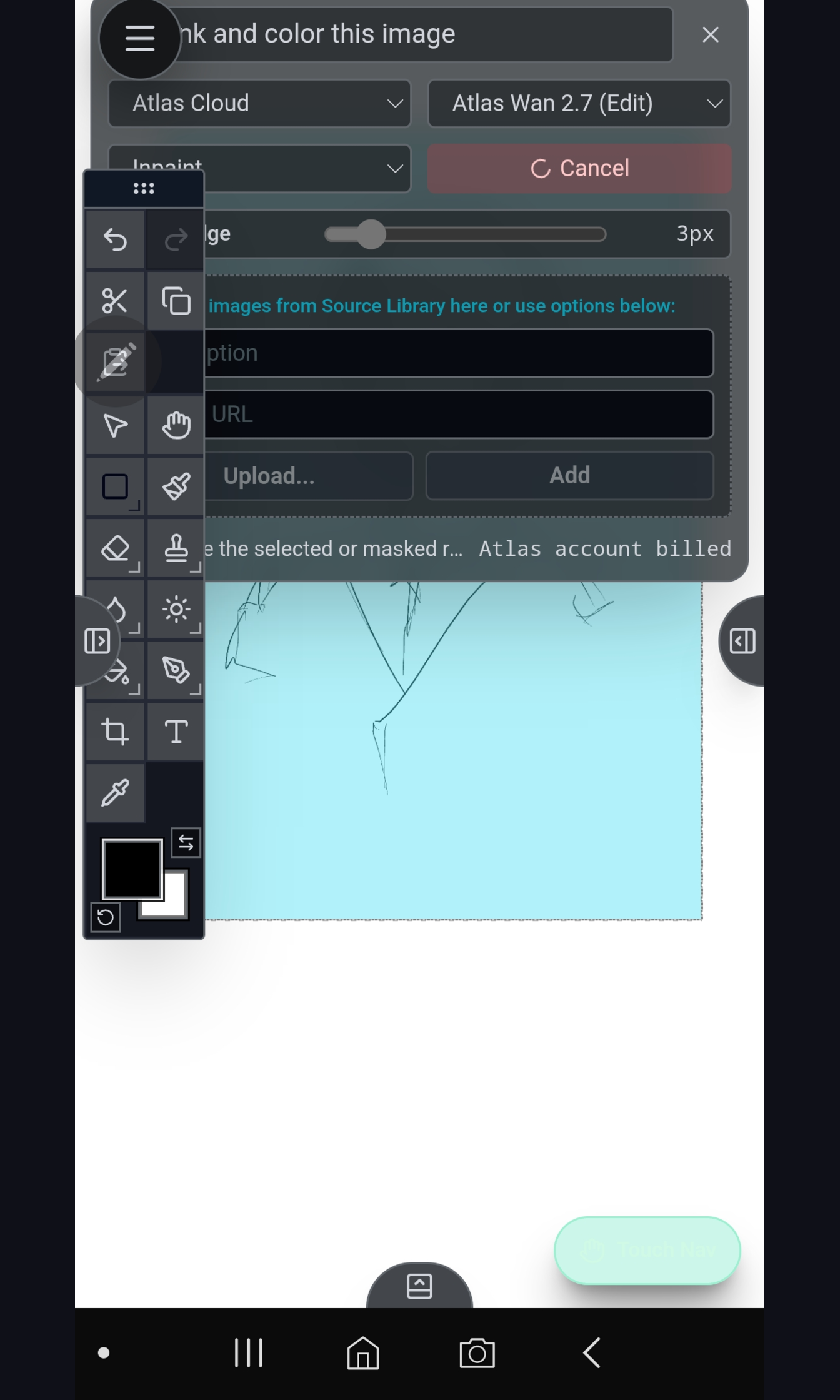 The Atlas generative-fill prompt: ink and colour this image
