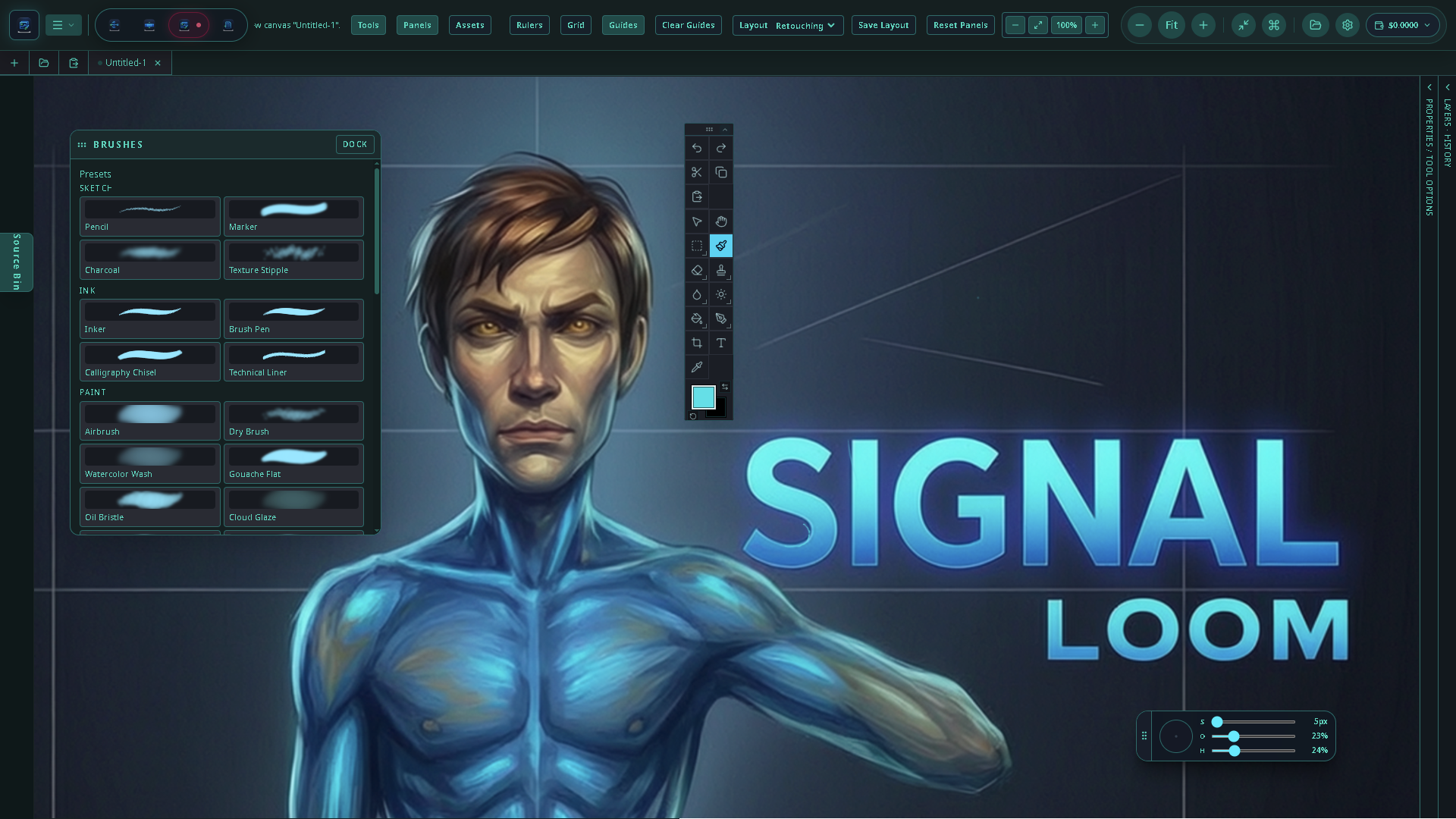 The Sloom Studio Image workspace: a hand-painted figure on the canvas with the brush palette open