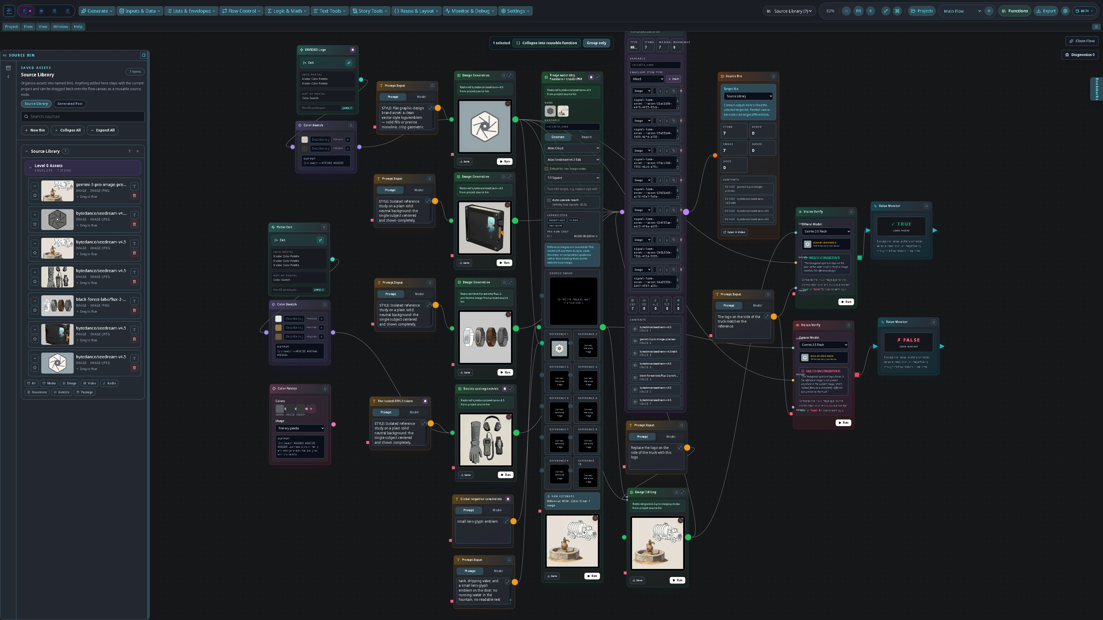 Sloom Studio Flow workspace — the start of a project, generating reusable low-level consistency assets (recurring objects and environments) across multiple providers, with Vision Verify QA and collapsed nodes
