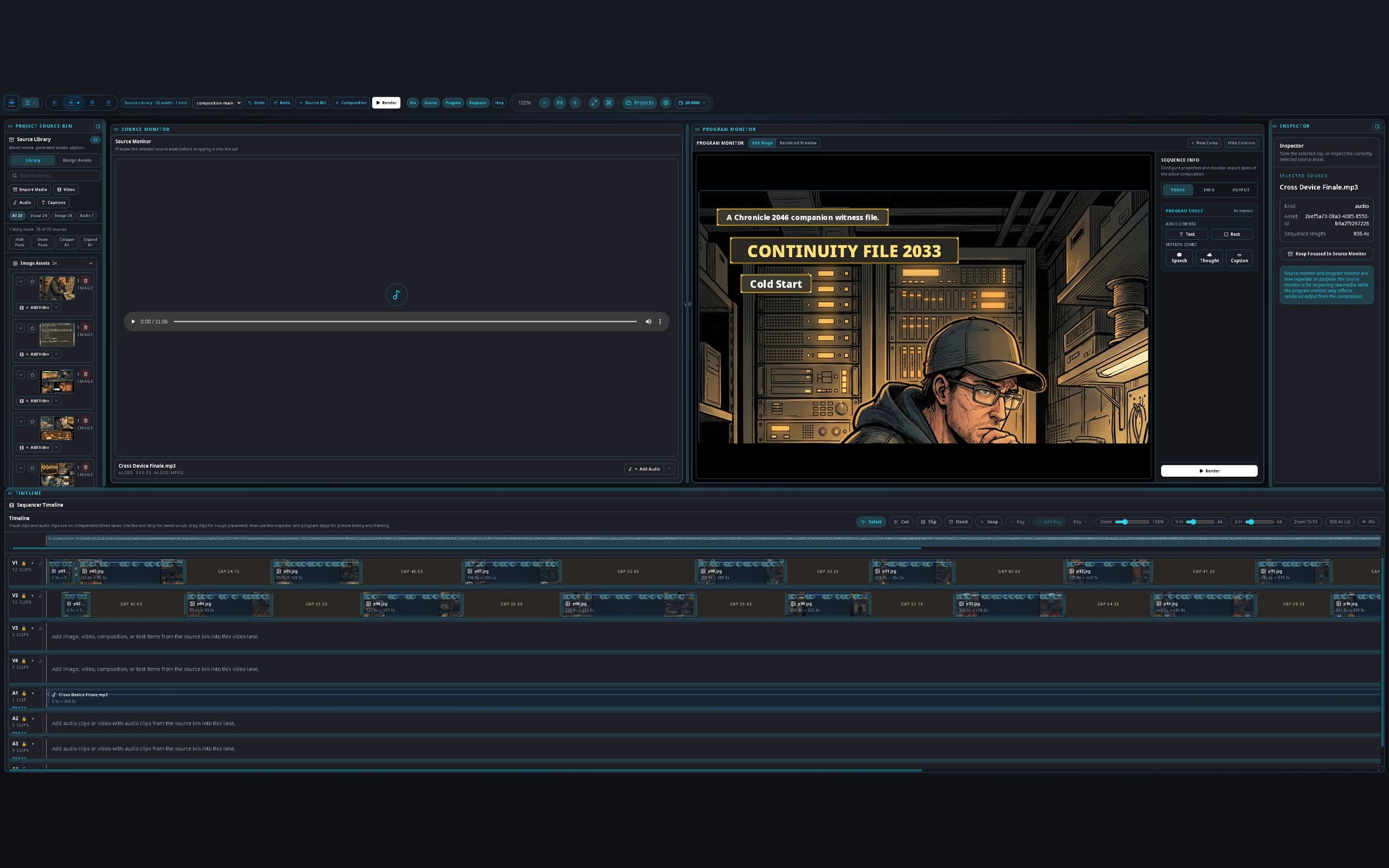 Video workspace multi-track timeline with program monitor and V1/V2 tracks