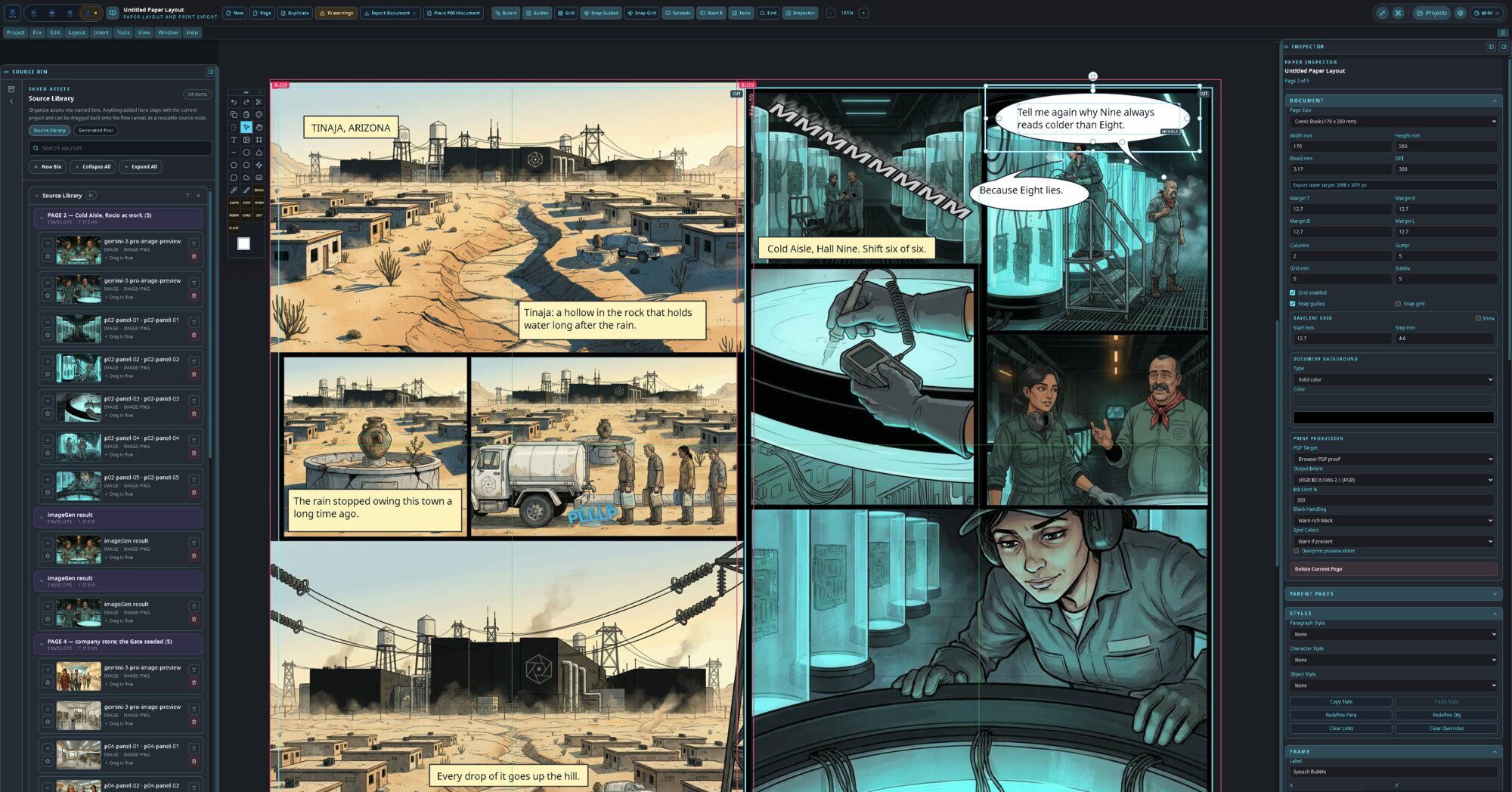 A finished Weights & Measures comic spread in the Paper workspace: a desert town establishing page and a cold-aisle lab page with speech bubbles, with the Paper Inspector panel open on the right