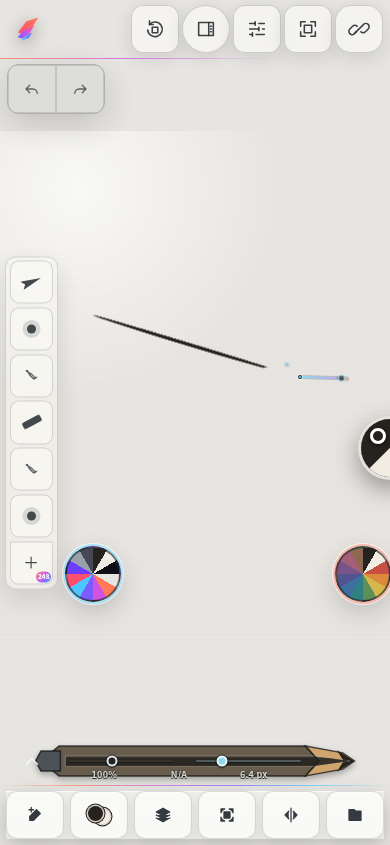 Hane on Android, showing a colored-pencil side-contact mark, palettes, implement controls, and the drawing canvas